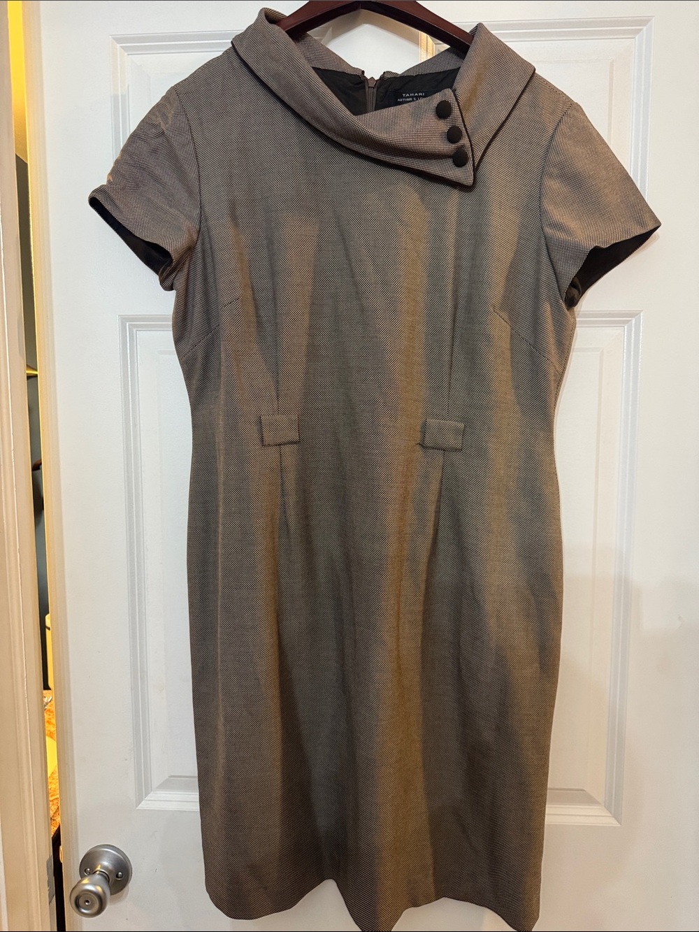 Tahari Taupe Short-Sleeve Midi Dress with Asymmetrical Collar